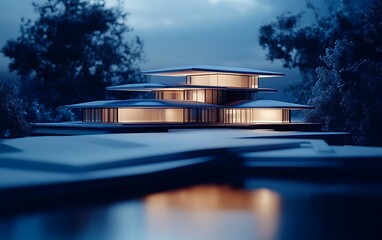 Poster - A modern architectural model illuminated at night, showcasing sleek lines and multiple levels, set against a natural backdrop.