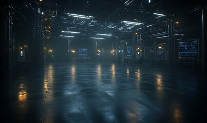 Aufkleber - A dimly lit industrial space with reflective floors, illuminated by overhead lights, suggesting a futuristic or abandoned atmosphere.