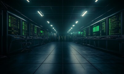 Fototapete - A dimly lit data center featuring glowing green screens and a futuristic atmosphere, evoking a high-tech, cybernetic environment.
