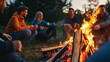 © INT888 - Bonfire gathering with friends sharing laughter and warmth, surrounded by nature. flames dance brightly as they enjoy each other company