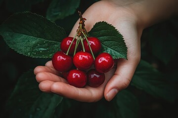 Sticker - Hand holding freshly picked red cherries with leaves