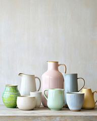 a collection of hand-blown glass jugs and vases displayed on a rustic table