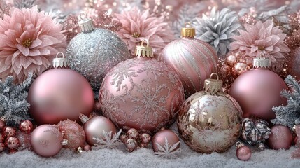 Wall Mural - Pink and silver christmas ornaments creating festive atmosphere