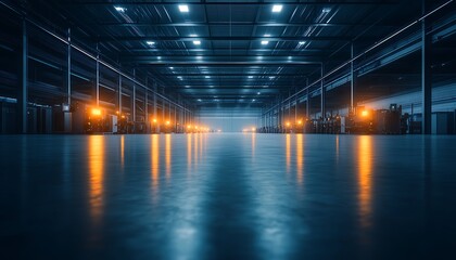 Leinwandbilder - A spacious industrial warehouse with illuminated pathways and a polished floor, showcasing a modern, high-tech environment.