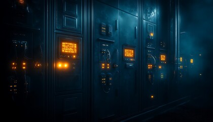 Fototapete - A dimly lit server room with glowing orange displays against dark, metallic surfaces, creating a futuristic tech atmosphere.