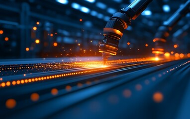 Poster - A close-up of robotic arms welding, emitting sparks, in a modern industrial setting with a blue-lit background.