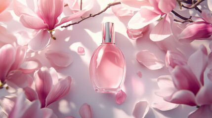 Wall Mural - delicate pink perfume bottle surrounded by soft magnolia petals creates serene and elegant atmosphere, perfect for showcasing beauty and fragrance