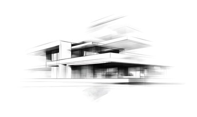 Poster - A modern architectural design sketch featuring overlapping layers and geometric shapes, presented in a minimalist black-and-white style.