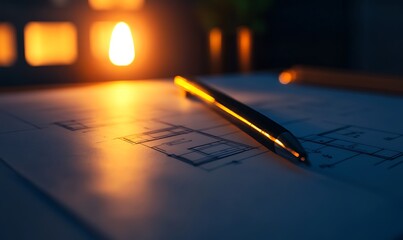 Aufkleber - A close-up of a pen resting on blueprints, illuminated by warm candlelight, creating a serene atmosphere for creative design or architectural work.