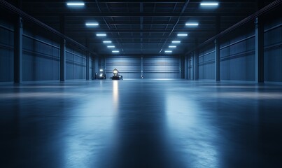 Poster - A dark, spacious industrial warehouse with polished floors and blue lighting, creating a modern and minimalist atmosphere.