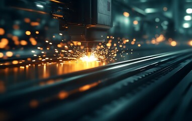 Poster - A focused view of a laser cutting machine in action, emitting sparks while processing metal on a production line in a high-tech environment.