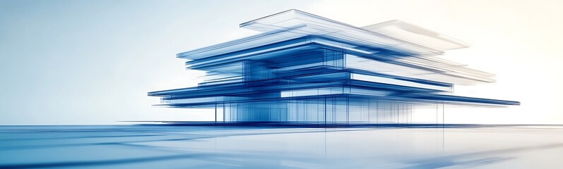 Poster - A futuristic structure with layered, floating elements, showcasing a blend of modern architecture and digital aesthetics against a light background.