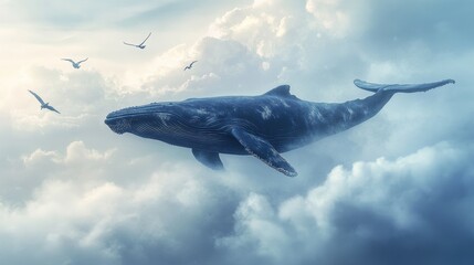 Blue Whale Soaring Through Clouds, Dreamy Surreal Artwork.