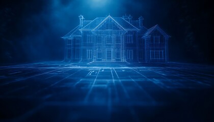 Poster - A futuristic, blue-hued digital representation of a house, suggesting architectural design and technology integration.