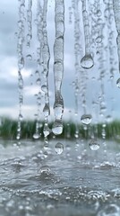 Wall Mural - Captivating Rainfall Droplets in Nature's Serenity: Stunning Close-Up, Clear Water Drops, Tranquil Sky Reflection, Peaceful Outdoor Weather Scene