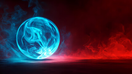 Wall Mural - Blue glowing sphere with plasma energy on dark red background with smoke. Glowing. Illustration