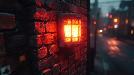 Wall Mural - Red light glowing on a brick wall at night with blurred city lights in the background.