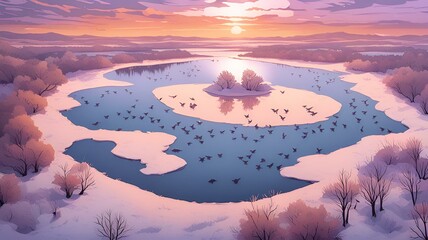 A Serene Aerial View of a Frozen Lake in Winter Landscape