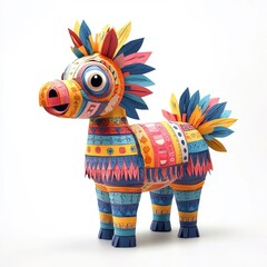 Paper art representation of a Mexican piñata toy, intricately designed, isolated on white.