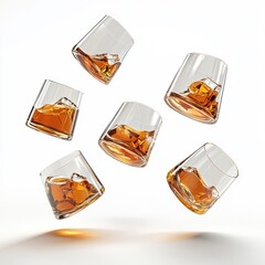 Floating whiskey glasses, isolated on white background, creating a whimsical effect.