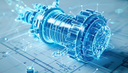 Poster - A futuristic digital representation of a mechanical component, showcasing intricate designs and connections, set against a blueprint background.