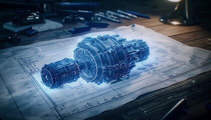 Aufkleber - A futuristic blueprint featuring a glowing, intricate mechanical component, surrounded by tools and writing instruments on a wooden surface.