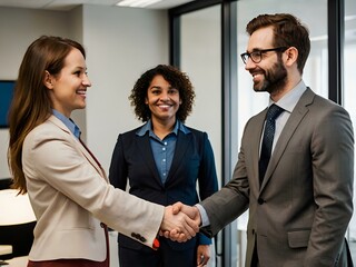 Wall Mural - in an office during the day two people are shaking hands after they started working together in business