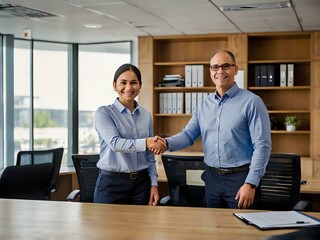 Wall Mural - in an office during the day two people are shaking hands after they started working together in business