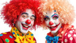© cobaltstock - Cute happy clown couple with colorful wigs