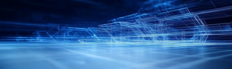 Leinwandbilder - A dynamic blue abstract background depicting waves of light and digital elements, conveying a sense of technology and movement.