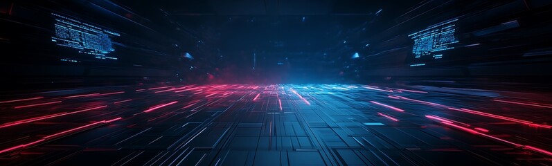 Poster - A futuristic digital landscape featuring a blend of blue and red lights, suggesting advanced technology and a cybernetic environment.