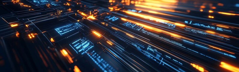 Poster - A dynamic, abstract representation of glowing data streams flowing through a digital landscape, illustrating technology and connectivity.