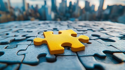 a single yellow puzzle piece stands out against a background of gray puzzle pieces and a city skylin