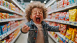 © Visionarily - Screaming Toddler with Curly Hair in Grocery Store Aisle