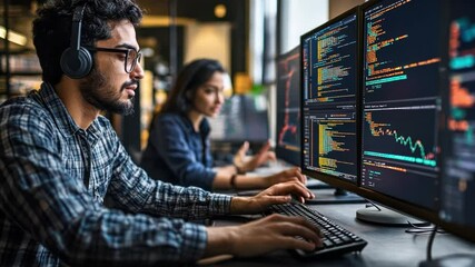 Stock market analyst working on a computer with multiple monitors. One of the monitors was showing a stock market graph.