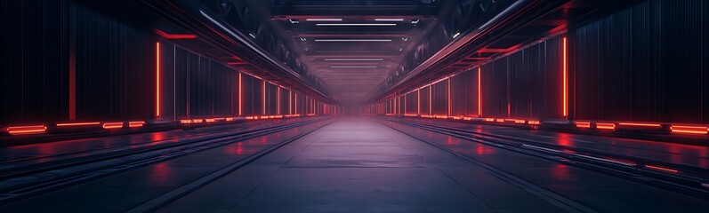 Poster - A futuristic corridor illuminated with red lighting, featuring sleek walls and a tech-inspired aesthetic.