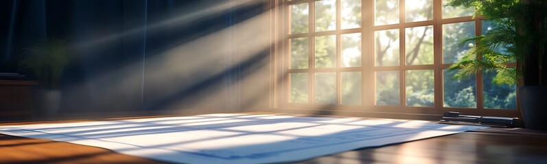 Poster - A serene room with sunlight streaming through large windows, illuminating a soft rug on a wooden floor, surrounded by lush greenery.