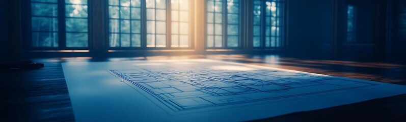 Aufkleber - A serene, illuminated room showcases a detailed surface under a soft beam of light, surrounded by large windows.