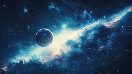 Wall Mural - a lone planet in a vast, starry nebula.