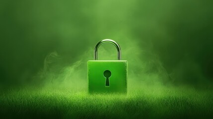 Closeup of green padlock in vibrant grass, symbolizing security, nature and tranquility outdoors