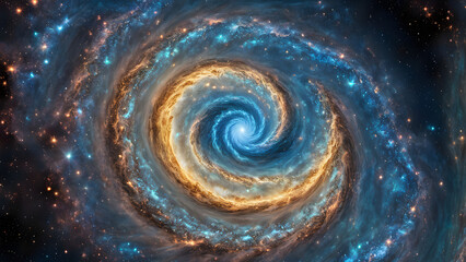 Wall Mural - Glowing holographic liquid swirling in the shape of a spiral galaxy with specks of gold and blue, Ai Generated