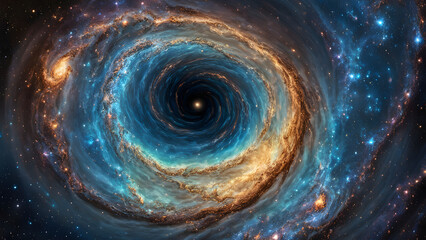 Wall Mural - Glowing holographic liquid swirling in the shape of a spiral galaxy with specks of gold and blue, Ai Generated
