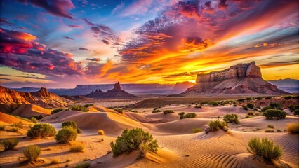 Wall Mural - Breathtaking Sunset Over Serene Desert Landscape with Sandstone Cliffs and Dunes