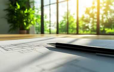 Poster - A close-up view of a pen resting on architectural plans, with sunlight streaming in through large glass windows and greenery in the background.