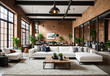 © Aleksey - A spacious industrial-modern living room with exposed brick walls, high ceilings and large windows. The room features a sleek white sofa, a coffee table made of reclaimed wood