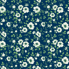 Fototapete - Seamless pattern with abstract flowers and green leaves silhouette. Blue background with blossoming white flowers. Wallpaper with white flower in old vintage style. Vector stock illustration.