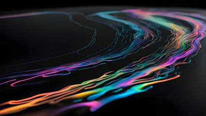 Wall Mural - Iridescent holographic liquid trails across a black surface leaving a glowing shifting trail, AI generated