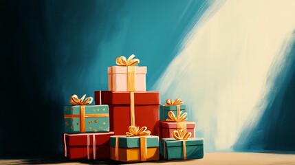 Poster - Vibrant Colorful Gift Boxes Illuminated by Soft Light for Festive Celebrations : Generative AI