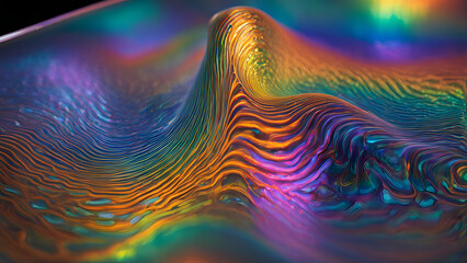 Wall Mural - Liquid crystals morphing into rainbow colored holographic waves over a glass surface, AI Generated