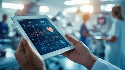 A medical professional using a tablet to monitor patient vitals in a healthcare setting.